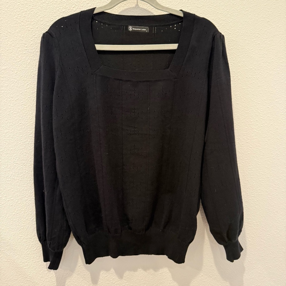 Women’s Black Knit All Over Eyelet Design Sweater Square Neck Balloon Sleeves L